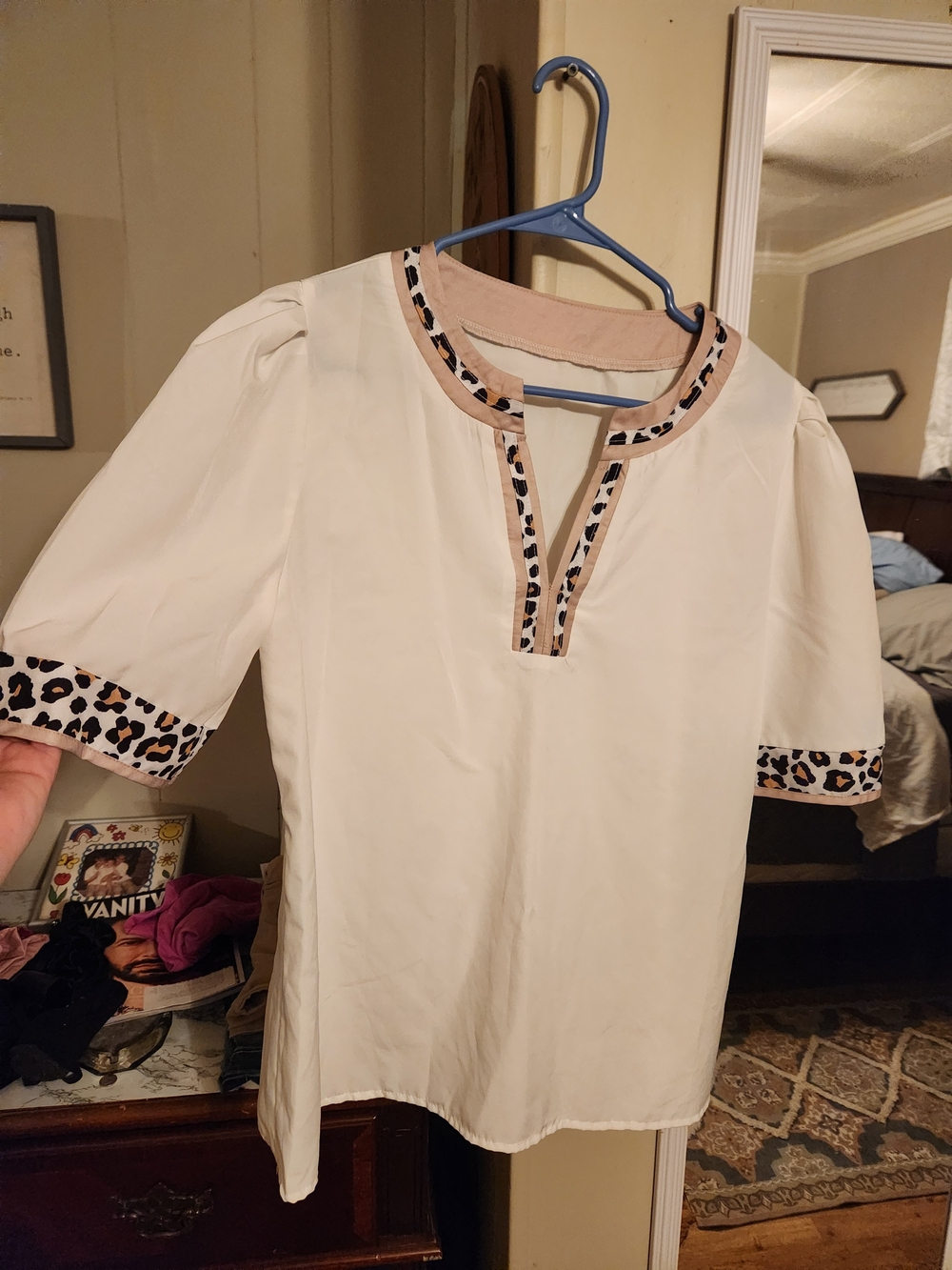 Women’s Cream Tunic Top with Leopard Trim
